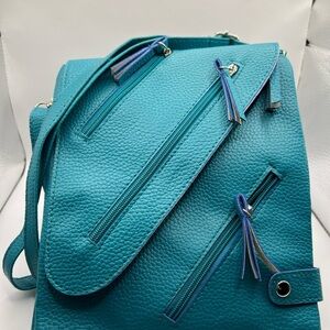 Faux Leather Blue Crossbody Bag purse Adjustable Strap Zippered Tassel Decor